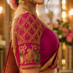Royal magenta Aari blouse sleeve with gold diamond lattice and peacock Maggam embroidery