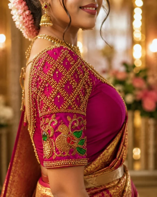 Royal magenta Aari blouse sleeve with gold diamond lattice and peacock Maggam embroidery