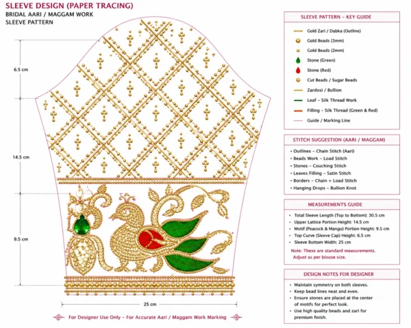 Royal magenta Aari blouse sleeve with gold diamond lattice and peacock Maggam embroidery