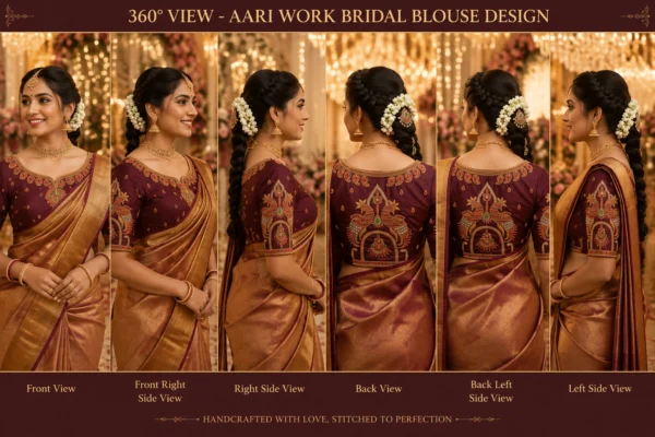 360-degree view of Royal Maroon Temple Peacock Bridal Aari Work Blouse displaying front, back and sleeve embroidery with premium handcrafted Maggam Work suitable for South Indian bridal weddings.