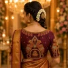 Back view of Royal Maroon Temple Peacock Bridal Aari Work Blouse featuring twin peacock motifs, temple arch embroidery, hanging jhumka design and luxury Aari embroidery.