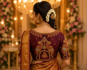 Back view of Royal Maroon Temple Peacock Bridal Aari Work Blouse featuring twin peacock motifs, temple arch embroidery, hanging jhumka design and luxury Aari embroidery.