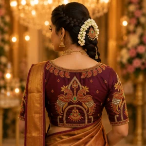 Back view of Royal Maroon Temple Peacock Bridal Aari Work Blouse featuring twin peacock motifs, temple arch embroidery, hanging jhumka design and luxury Aari embroidery.