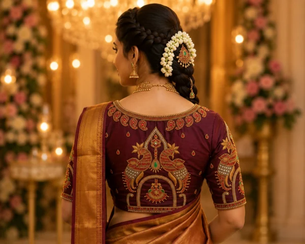 Back view of Royal Maroon Temple Peacock Bridal Aari Work Blouse featuring twin peacock motifs, temple arch embroidery, hanging jhumka design and luxury Aari embroidery.