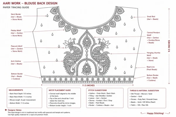 Back view of Royal Maroon Temple Peacock Bridal Aari Work Blouse featuring twin peacock motifs, temple arch embroidery, hanging jhumka design and luxury Aari embroidery paper tracing