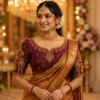 Royal Maroon Temple Peacock Bridal Aari Work Blouse front view with premium Maggam embroidery and bridal silk craftsmanship.