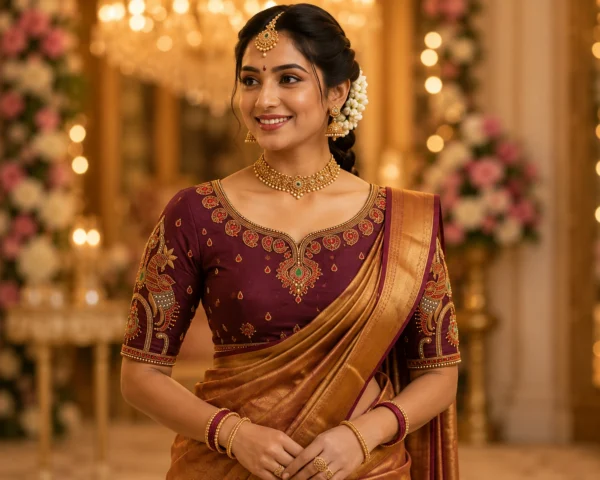 Royal Maroon Temple Peacock Bridal Aari Work Blouse front view with premium Maggam embroidery and bridal silk craftsmanship.