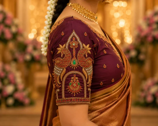 Close-up sleeve view of Royal Maroon Temple Peacock Bridal Aari Work Blouse showcasing intricate peacock motif, temple-inspired embroidery, zardosi, pearls and kundan work.
