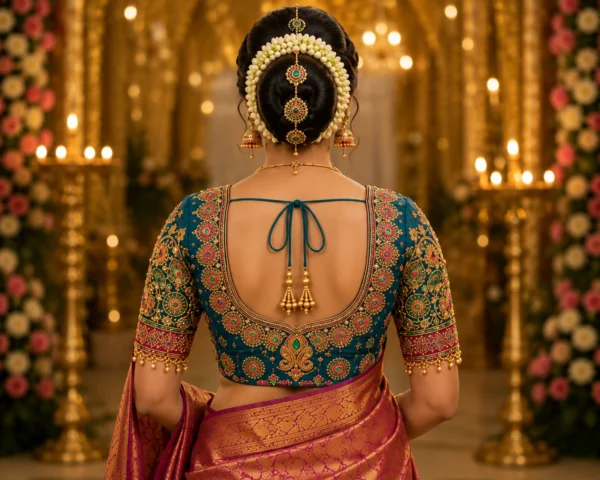 Deep U-back Royal Peacock Emerald Bridal Aari Blouse with intricate Maggam embroidery, emerald stone border, tassels, and premium bridal silk.