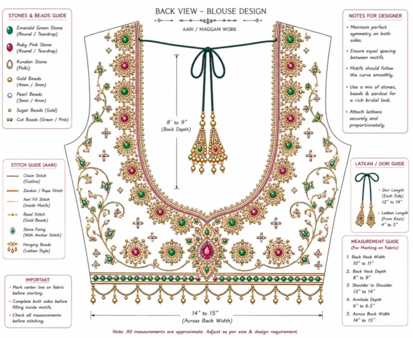Deep U-back Royal Peacock Emerald Bridal Aari Blouse with intricate Maggam embroidery, emerald stone border, tassels, and premium bridal silk paper tracing