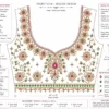 Royal Peacock Emerald Bridal Aari Blouse front view featuring handcrafted Maggam Work, emerald stones, floral embroidery, and silk bridal design paper tracing