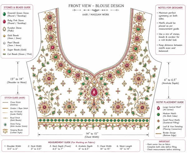 Royal Peacock Emerald Bridal Aari Blouse front view featuring handcrafted Maggam Work, emerald stones, floral embroidery, and silk bridal design paper tracing