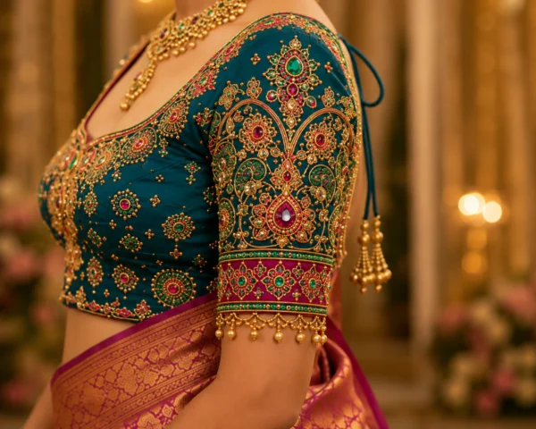 Close-up of Royal Peacock Emerald Bridal Aari Blouse elbow sleeve showcasing floral motifs, emerald stones, ruby accents, and handcrafted Aari embroidery.