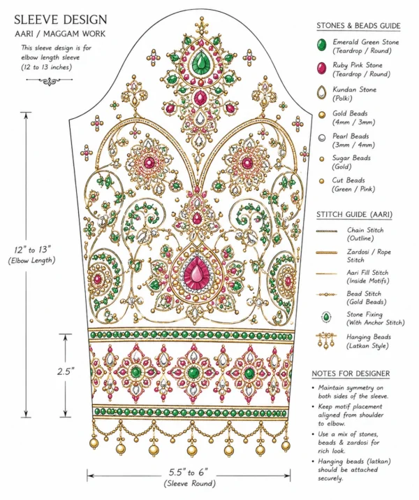 Close-up of Royal Peacock Emerald Bridal Aari Blouse elbow sleeve showcasing floral motifs, emerald stones, ruby accents, and handcrafted Aari embroidery paper tracing