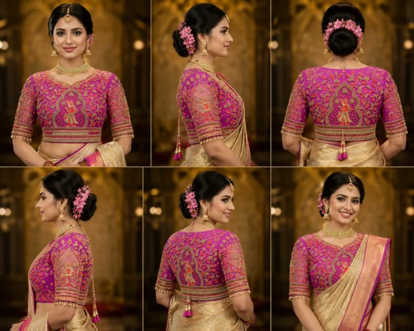 360-degree bridal model wearing the Royal Radha Krishna Aari Blouse showcasing premium Maggam Work from every angle.
