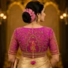 Royal Radha Krishna Bridal Aari Blouse back view featuring intricate Aari embroidery, floral vines, and luxury Maggam Work.