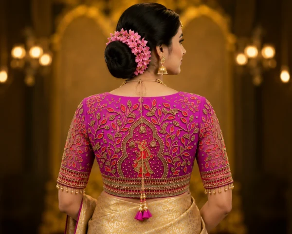 Royal Radha Krishna Bridal Aari Blouse back view featuring intricate Aari embroidery, floral vines, and luxury Maggam Work.