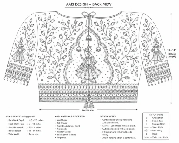 Royal Radha Krishna Bridal Aari Blouse back view featuring intricate Aari embroidery, floral vines, and luxury Maggam Work back paper tracing