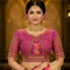 Royal Radha Krishna Bridal Aari Blouse front view with premium Maggam Work on magenta silk fabric.