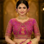 Royal Radha Krishna Bridal Aari Blouse front view with premium Maggam Work on magenta silk fabric.