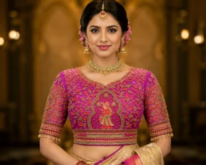 Royal Radha Krishna Bridal Aari Blouse front view with premium Maggam Work on magenta silk fabric.