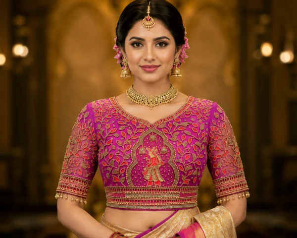 Royal Radha Krishna Bridal Aari Blouse front view with premium Maggam Work on magenta silk fabric.