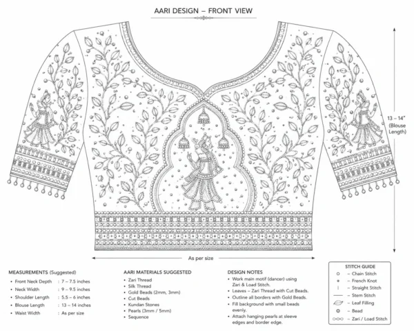 Royal Radha Krishna Bridal Aari Blouse front view with premium Maggam Work on magenta silk fabric paper tracing