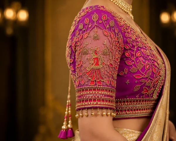 Detailed sleeve embroidery of the Royal Radha Krishna Bridal Aari Blouse with floral vines, zari work, beads, and pearl hanging border.