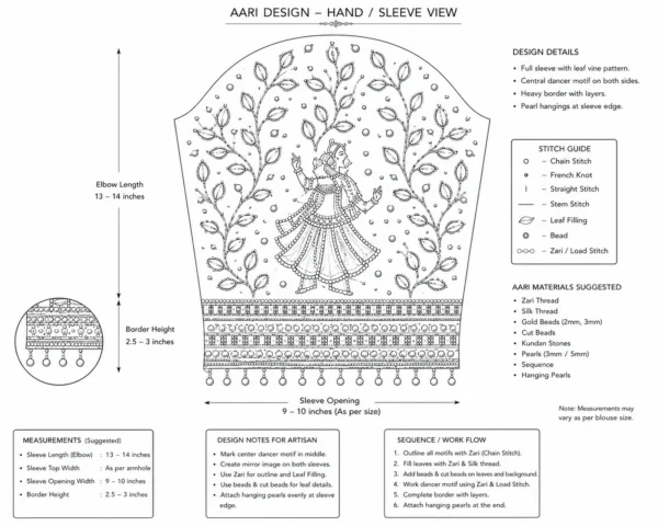 Detailed sleeve embroidery of the Royal Radha Krishna Bridal Aari Blouse with floral vines, zari work, beads, and pearl hanging border paper tracing image