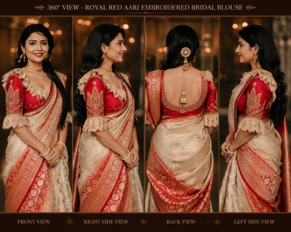 360-degree view of the Royal Red Bridal Aari Blouse displaying front, back, side, and sleeve embroidery with luxurious South Indian bridal styling.
