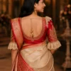 Royal Red Bridal Aari Blouse back view with deep U-neck, handcrafted Aari embroidery border, bridal tassels, and elegant Maggam Work.
