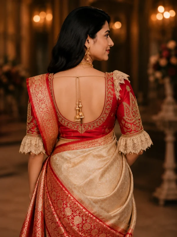Royal Red Bridal Aari Blouse back view with deep U-neck, handcrafted Aari embroidery border, bridal tassels, and elegant Maggam Work.