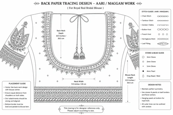 Royal Red Bridal Aari Blouse back view with deep U-neck, handcrafted Aari embroidery border, bridal tassels, and elegant Maggam Work paper tracing