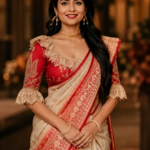 Royal Red Bridal Aari Blouse front view featuring lotus embroidery, lace shoulder frill, premium Maggam Work, and handcrafted bridal detailing.
