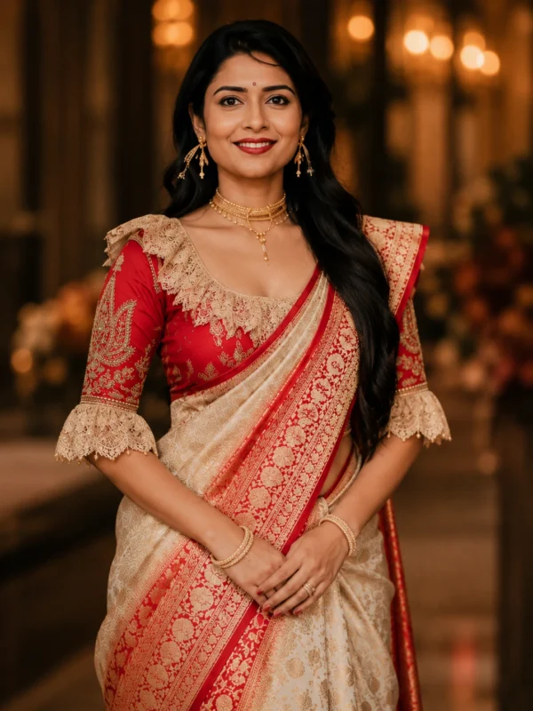 Royal Red Bridal Aari Blouse front view featuring lotus embroidery, lace shoulder frill, premium Maggam Work, and handcrafted bridal detailing.