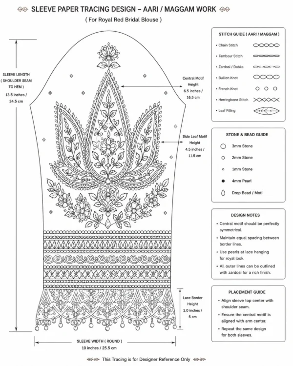 Royal Red Bridal Aari Blouse sleeve showcasing lotus-inspired Aari embroidery, pearl lace border, premium Maggam Work, and bridal craftsmanship paper tracing