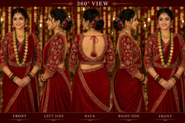 360-degree view of the Royal Ruby Velvet Bridal Aari Blouse displaying continuous floral vine Aari embroidery on the front, back and sleeves.