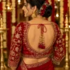 Royal Ruby Velvet Bridal Aari Blouse back neck design with deep U-back, floral Aari embroidery and elegant bridal tassels.