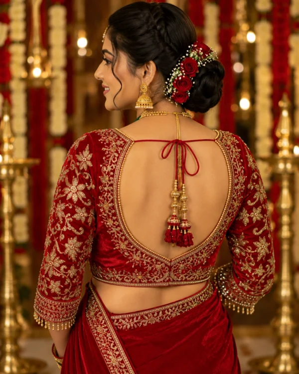 Royal Ruby Velvet Bridal Aari Blouse back neck design with deep U-back, floral Aari embroidery and elegant bridal tassels.