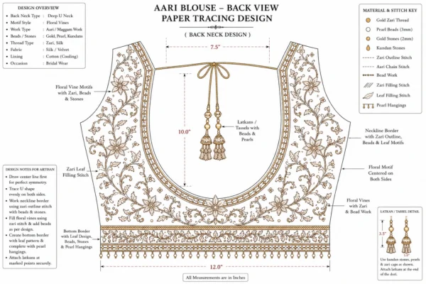 Royal Ruby Velvet Bridal Aari Blouse back neck design with deep U-back, floral Aari embroidery and elegant bridal tassels paper tracing