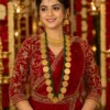 Royal Ruby Velvet Bridal Aari Blouse front view featuring luxurious floral vine Maggam Work embroidery with full sleeves.