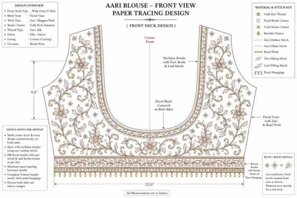 Royal Ruby Velvet Bridal Aari Blouse front view featuring luxurious floral vine Maggam Work embroidery with full sleeves paper tracing