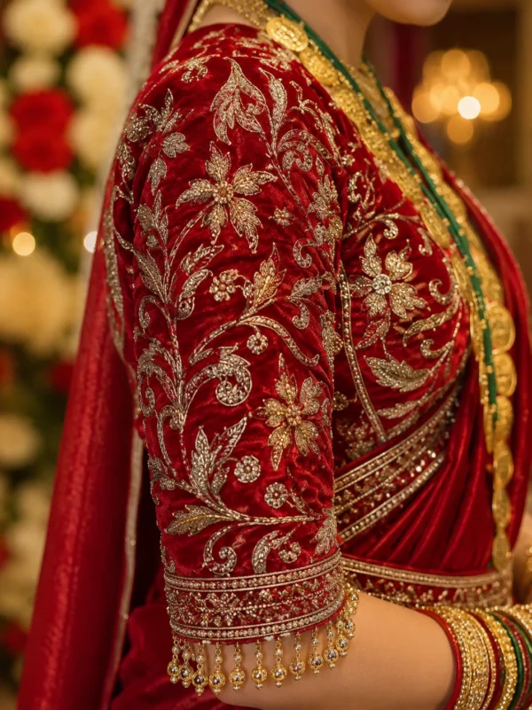 Close-up of Royal Ruby Velvet Bridal Blouse sleeve showcasing intricate floral vine Aari embroidery, zari work, beadwork and pearl hanging border.
