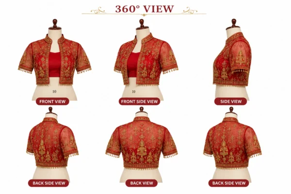 360 Degree View of Ruby Red Temple Heritage Invisible Aari Jacket