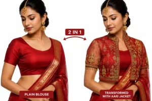 Ruby Red Temple Heritage Invisible Aari Jacket Front View