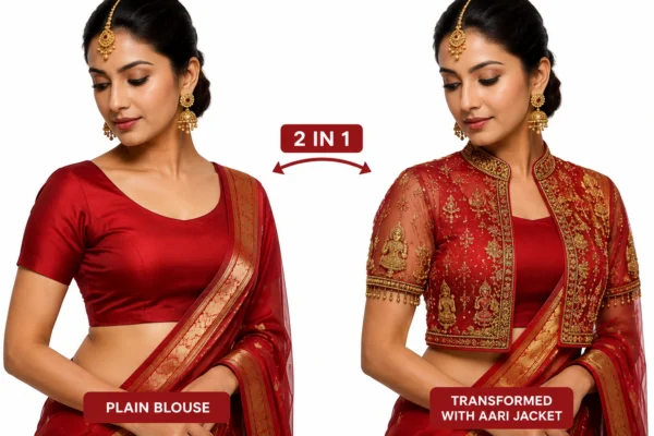 Ruby Red Temple Heritage Invisible Aari Jacket Front View