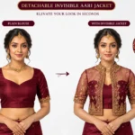 Wine Temple Heritage Invisible Aari Jacket with detachable transparent organza, handcrafted temple border Aari embroidery and premium South Indian bridal styling
