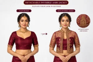 Wine Temple Heritage Invisible Aari Jacket with detachable transparent organza, handcrafted temple border Aari embroidery and premium South Indian bridal styling