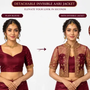 Wine Temple Heritage Invisible Aari Jacket with detachable transparent organza, handcrafted temple border Aari embroidery and premium South Indian bridal styling