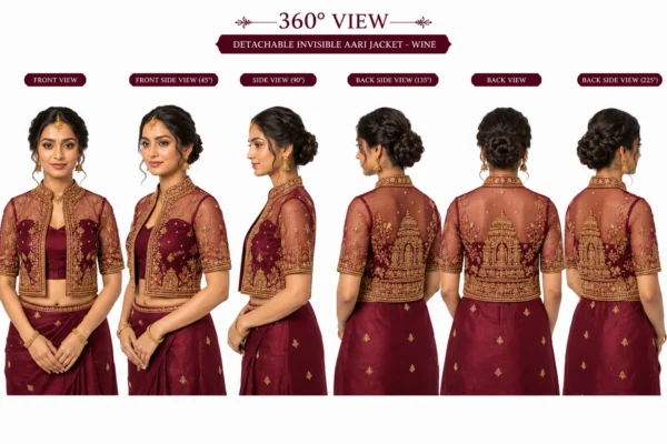 Wine Temple Heritage Invisible Aari Jacket with detachable transparent organza, handcrafted temple border Aari embroidery and premium South Indian bridal styling